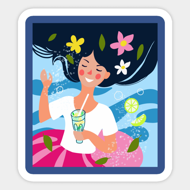 cartoon girl on the background of the sea drinks a mojito cocktail in summer cartoon girl on the background of the sea drinks a mojito cocktail in summer Sticker by sonaart